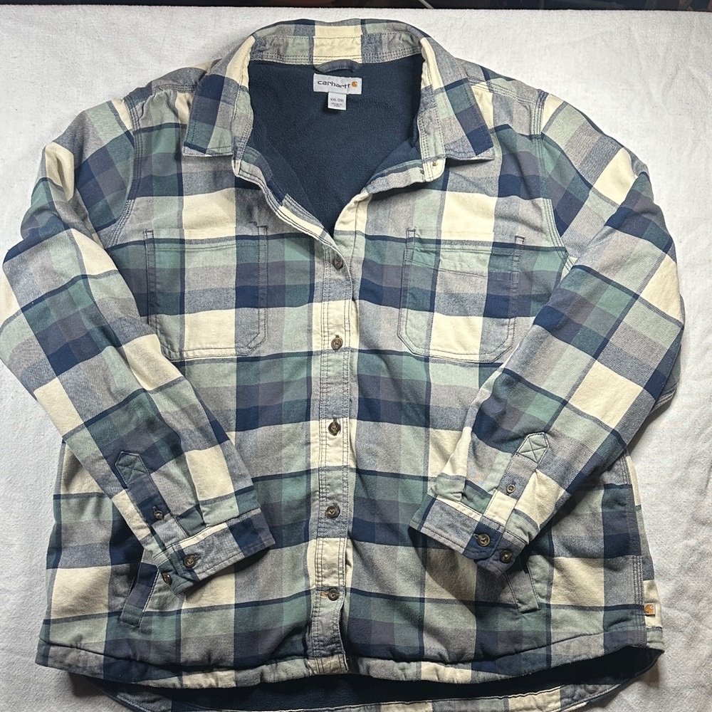 Carhartt Men's Blue and Cream Plaid Fleece Lined Shirt
